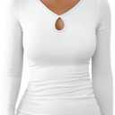 Fall Clothes Cut Out Shirt Keyhole Top for Women Long Sleeve T-Shirts Ribbed Knit Slim Fitted Basic Tee Top (White, L)