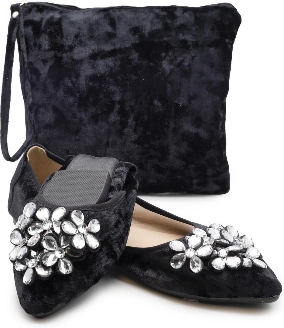 Silky Toes Foldable Flats for Women Dressy Ballet Shoes for Purse (10, Black Velvet)