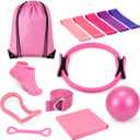 Pilates Kit for Women, 13 Piece Home Workout Starter Set with 14 Inch Ring, Mini Ball, 5 Resistance Bands, Yoga Socks, Stretch Strap and Carry Bag for Core Strength, Toning, Flexibility