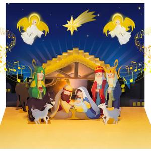 Religious Pop Up Christmas Card With Light and Music, Open Greeting Card Instantly Play The Classic Song: Joy To The World, With Envelope (Holy Night Nativity)