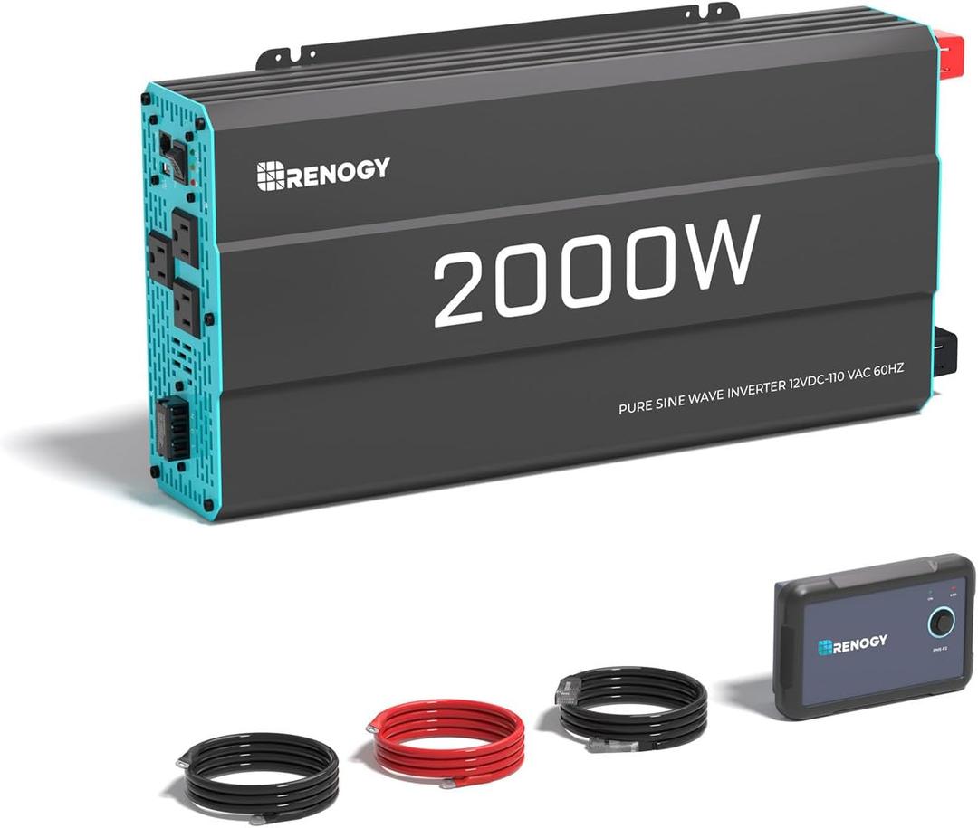 Renogy Inverter P2 2000 watt Pure Sine Wave Inverter, Solar Car Power Inverter 12V to 120V AC Converter for RV, Truck, Camping, Home Backup, Outdoor, Emergency, Off-Grid Living, 16.4FT Remote Control Renogy Inverter P2 2000 watt Pure Sine Wave Inverter, Solar Car Power Inverter 12V to 120V AC Converter for RV, Truck, Camping, Home Backup, Outdoor, Emergency, Off-Grid Living, 16.4FT Remote Control