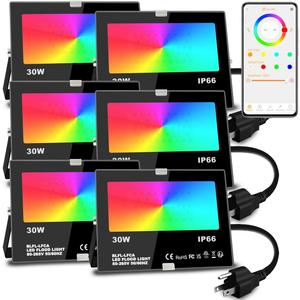 Led Flood Light 30W, 300W Equivalent 3000 LM Outdoor Color Changing Led Stage Landscape Lights, Bluetooth RGBW Smart Floodlights 2700K & 16 Million Colors&Timing& Music Sync, IP66US 3-Plug (6 Pack)