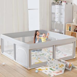 Baby Playpen with Mat Small Playpen for Babies and Toddlers 50 x 50 inch Baby Fence Playards,  Grey with mat