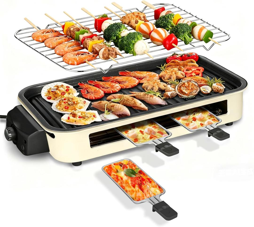 Electric Indoor Grill 1500W, YOHAWJAN 2 In 1 Smokeless Indoor Grills with Non-stick Removable Grill & Griddle Plate, Temperature Control, Portable Korean BBQ Grill with 3 Raclette Cheese Pans (Off-White)