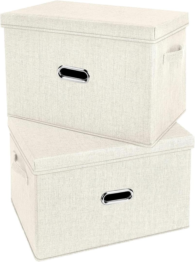 Large Foldable Fabric Storage Bins with Lids, 2 Pack Beige, 17.5"x12"x11.5", Cotton Linen Material with Handles, for Shelves, Nursery, Bedroom, Home, Office, Organizing Clothes, Toys, Blankets, Books