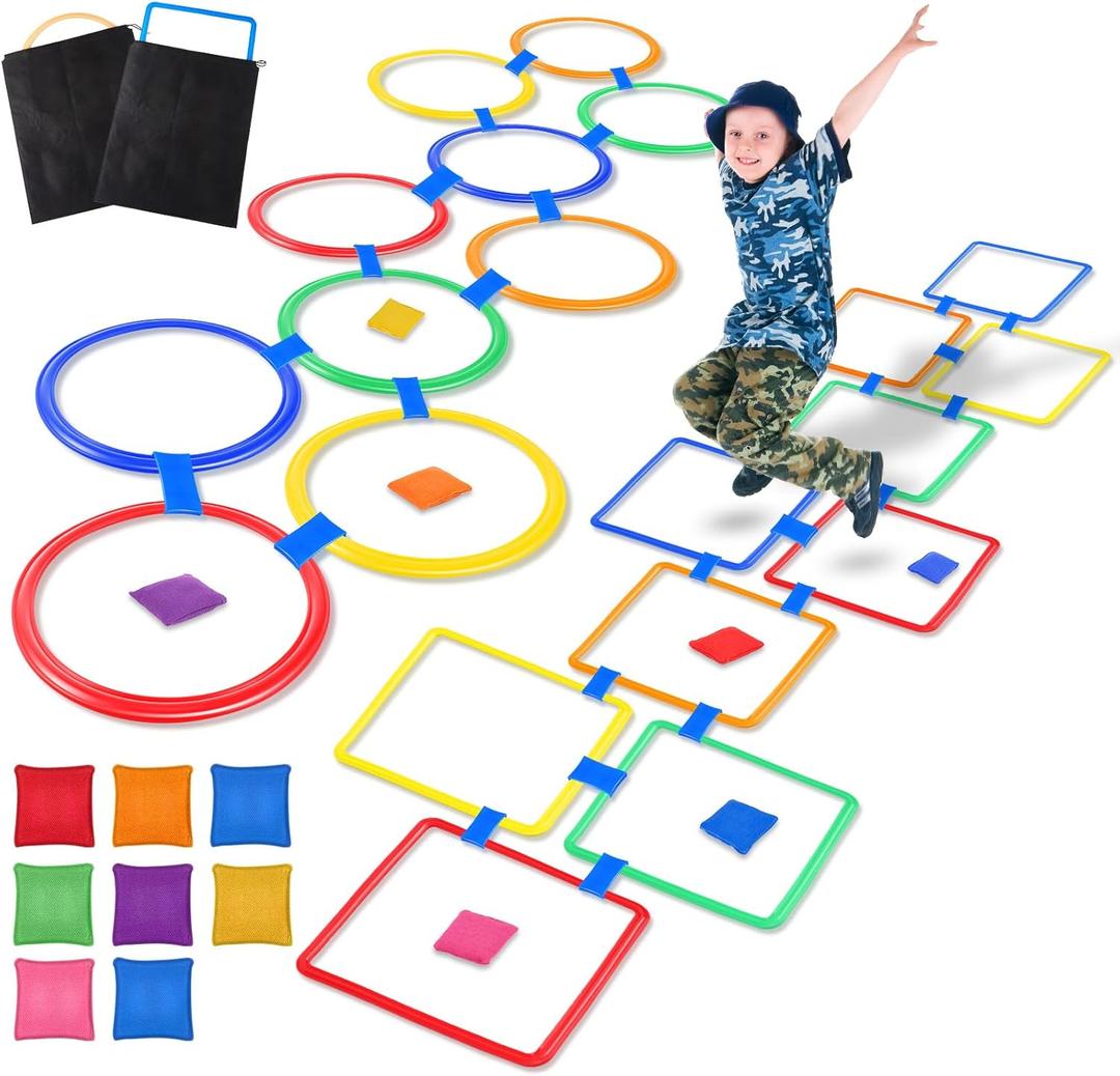 2 Sets of 2 in 1 Hopscotch and Beanbag Toss Kit Include Hopscotch Ring Game Set and Squares Set 8 Pcs Beanbags for Indoor Game Outdoor Agility Portable Summer Conditioning Agility Training