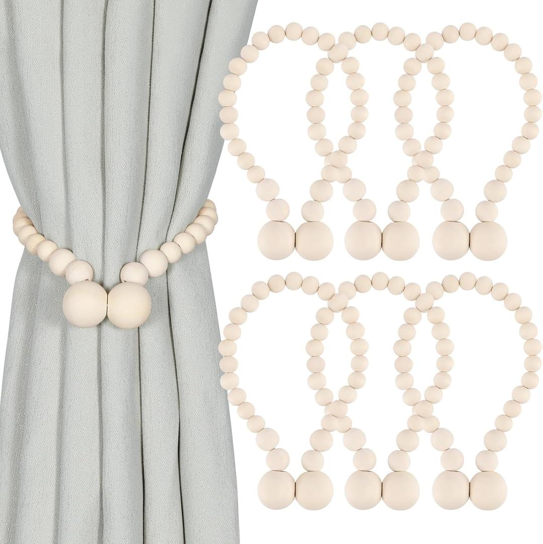KLOGTSIND Magnetic Curtain Tiebacks, Curtain Tie Backs for Curtains 6 Pack, Wood Bead Curtain Tiebacks, Curtain Holders for Boho Bedroom Decor, Baby Nursery Decor, Farmhouse Decor
