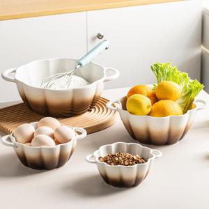 Ceramic Mixing Bowls Set for Kitchen, Large Nesting Bowls with Handles Set of 4, Deep Food Storage Containers for Cooking, Serving, Baking, Salad, Oven, Microwave and Dishwasher Safe (white brown)