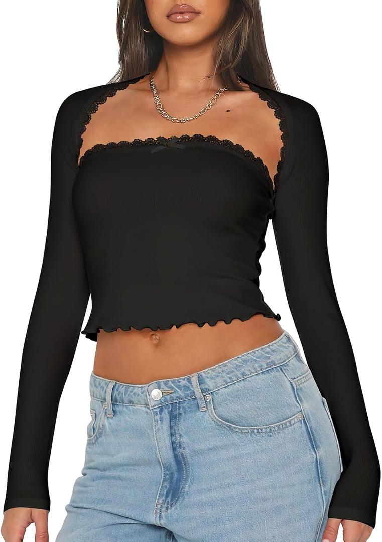 Women's 2 Piece Lace Long Sleeve Tops Cute Ribbed Knit Bow Knot Lace Tube Top Sexy Slim Fit T Shirts (Black), S