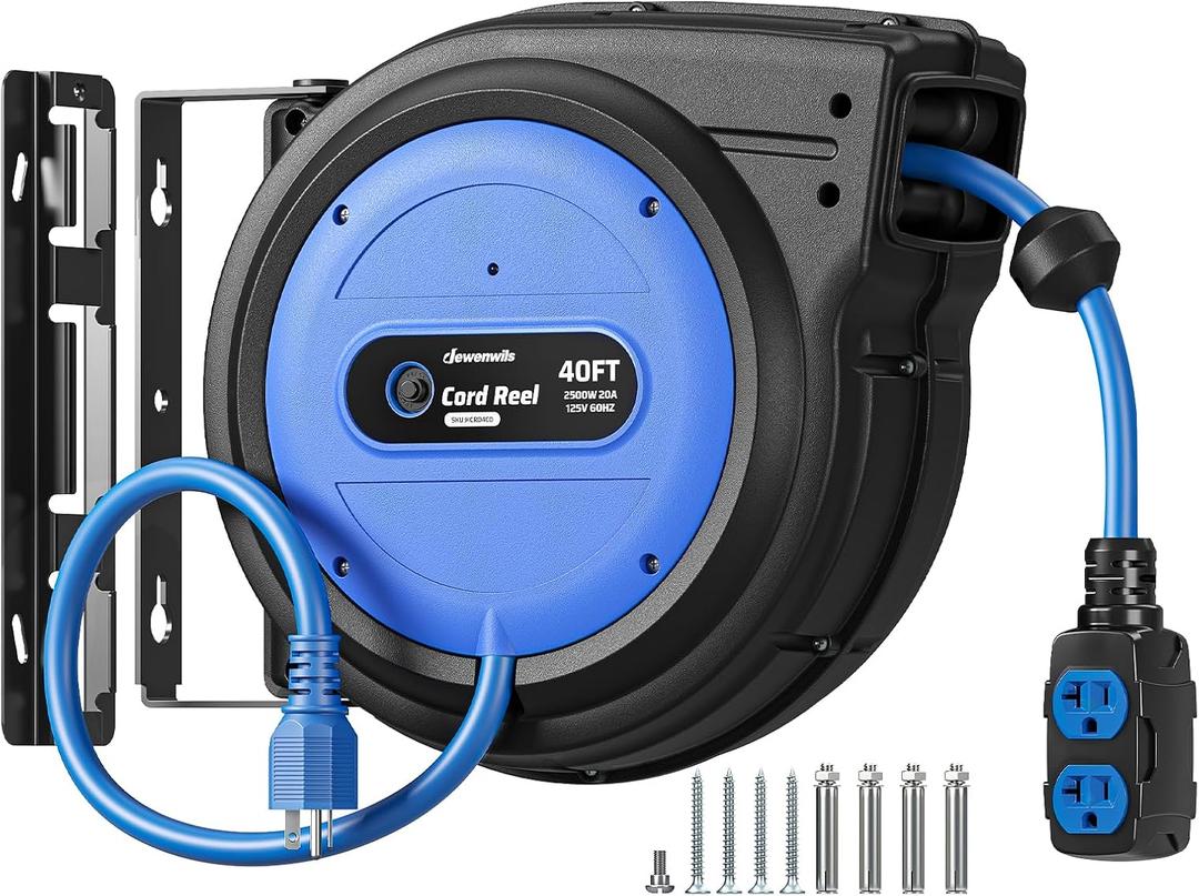 DEWENWILS 20 Amp Retractable Extension Cord Reel 40FT, ETL Listed, Blue | 10AWG SJTOW Heavy Duty, Auto-Rewind No-Tangle, Circuit Breaker, 4 Outlets for Garage Shop, 2500W