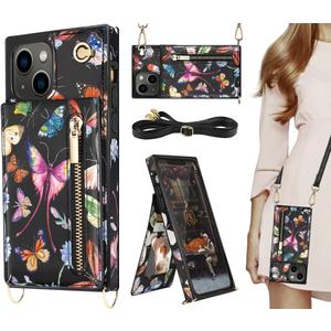 iPhone 11 Crossbody Wallet Case [RFID Blocking], Card Holder, Zipper Purse, Floral Leather Protective Cover - Butterfly