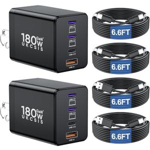 2 Pack 180W USB C Charger Block, Foldable 4-Port GaN Super Fast Charger USB C, Dual 65W Type C Charging Block, Laptop Fast Charging Adapter for MacBook Pro/Air, iPad, iPhone, Samsung Galaxy Black