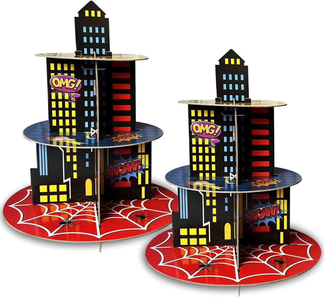 2 Pack Hero Birthday Party Supplies Cupcake Stands, 3-Tier Building Cardboard Cupcake Holder Dessert Display for Spider Birthday Party Decorations
