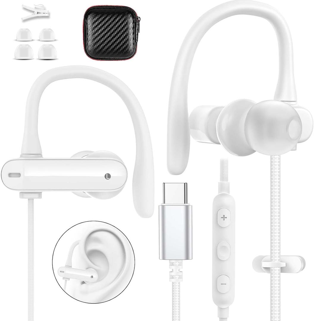 Wired USB Type C Earbuds Over Ear Cord USB C Headphones with Microphone Volume Control for iPhone 17 16 Pro 15/iPad 10th for Galaxy S26 S21 Pixel 10 Earphones School Student Sport C Plug Headset White