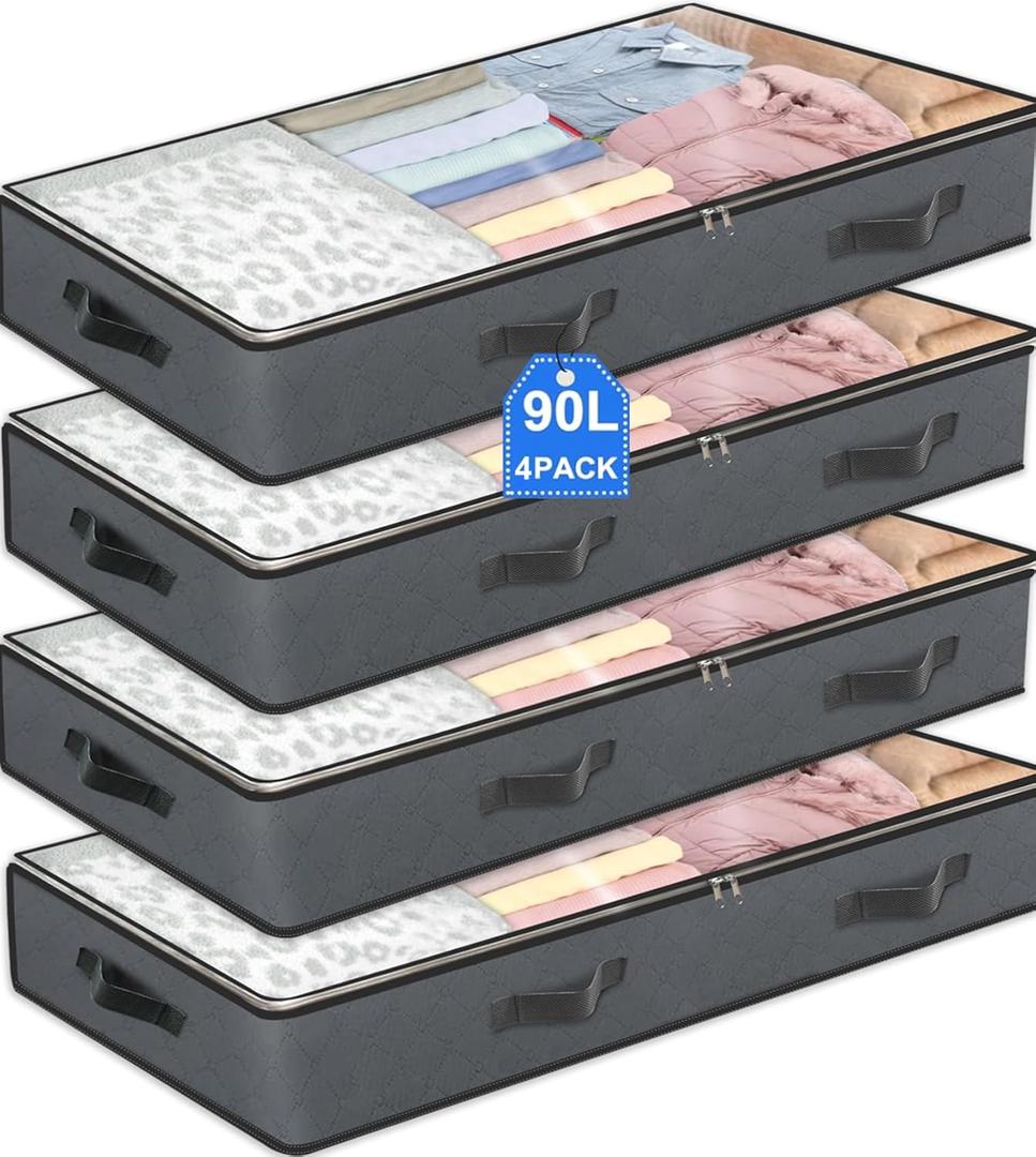 4 Pack Under Bed Storage, 90L Collapsible Closet Containers Organizers and Under Bed Storage Bins, Underbed Storage Bags for Wrapping Paper, Blanket, Towels, Clothes, Comforter, Sweaters, Linen Sheet