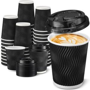 140 Set 8 oz Disposable Coffee Cups with Lid Insulated Corrugated Paper Hot Cup Bulk Ripple Wall Insulated Water Mug Suitable for Chocolate Cocoa, Juice, Drink (Wavy Pattern, Black)