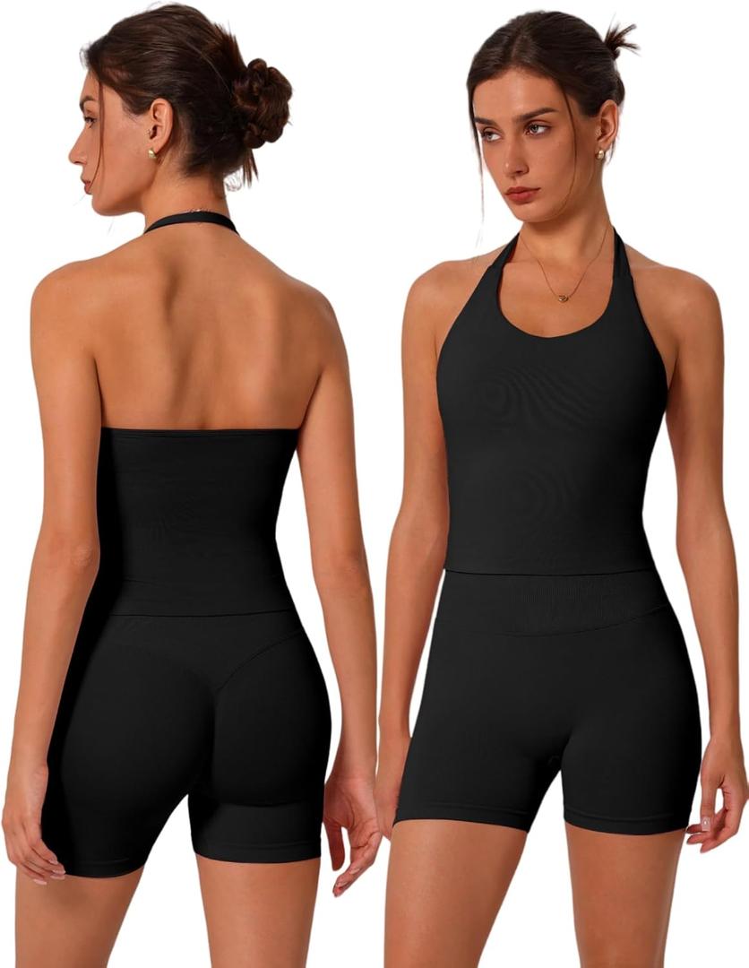 ABOCIW Workout Sets for Women 2 Piece seamless Halter Sports Bra Scrunch Butt Impact Shorts Gym Yoga Outfits, Black XL