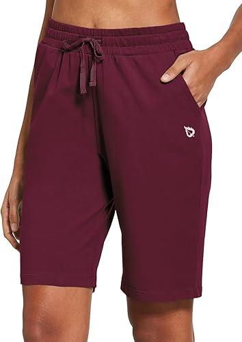 baleaf Women's Cotton Bermuda Long Shorts 10" Knee Length Loose Drawstring Waist Sweat Shorts with Pockets Casual Summer, XL