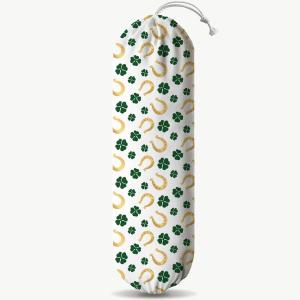 Wall Mount Plastic Bag Holder, Reusable Grocery Sack Organizer, Washable Cotton-Linen Storage, St. Patricks Day Lucky Clover & Horseshoe Pattern, Hanging Loop for Kitchen or Pantry