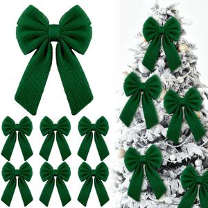 6 Pcs Knitted Large Green Christmas Bows 18in Big Crochet Christmas Tree Bow Neutral Ribbon Bow Hanging for Tree Topper Winter Party Wreath Garland Fireplace Holiday Decorations