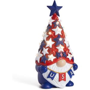 DN DECONATION 4th of July & Memorial Day Decorations with Lights, Patriotic Gnome Decor Lighted Red Blue Independence Day Tabletop Decor USA Resin Gnome with Stars Gifts for Table Tiered Tray