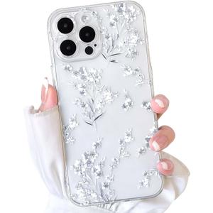 NITITOP Compatible with iPhone 14 Pro Max Case Cute Clear Flower Floral Artistic Design for Women Girls Stylish Slim Soft TPU Shockproof Protective Girly Phone Cover - White