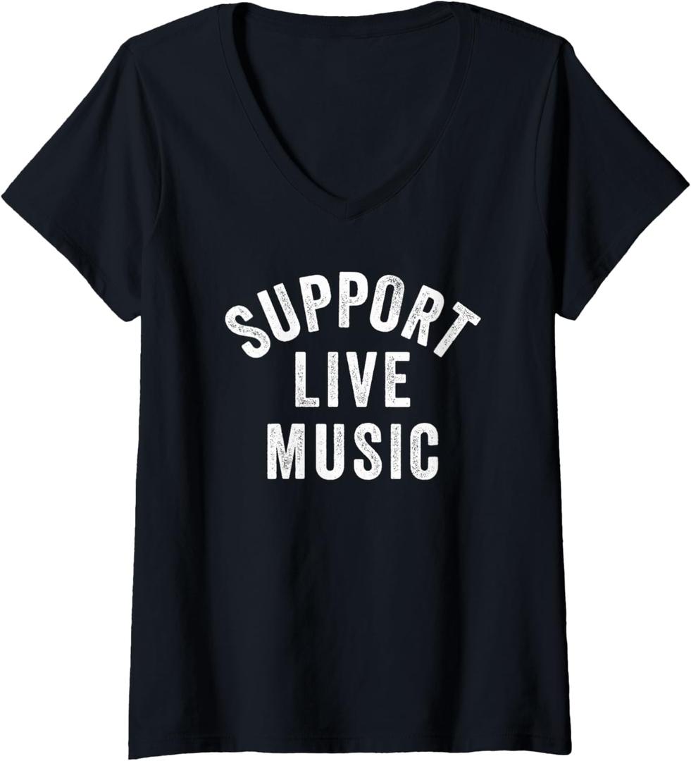 Womens Support Live Music, Concert Festival, Musicians Music Lovers V-Neck T-Shirt Size S