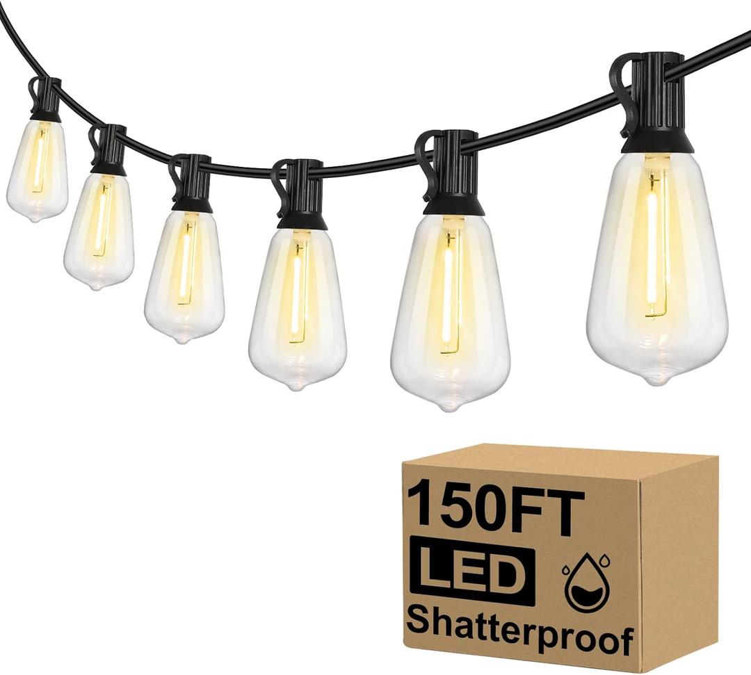Brightever Outdoor String Lights 150FT, Patio Lights with 75+2 Dimmable ST38 Shatterproof LED Bulbs, Vintage Edison String Lights for Outside, Waterproof Bistro Lights for Halloween Backyard 2700K (150FT-Warm White, Black Wire)