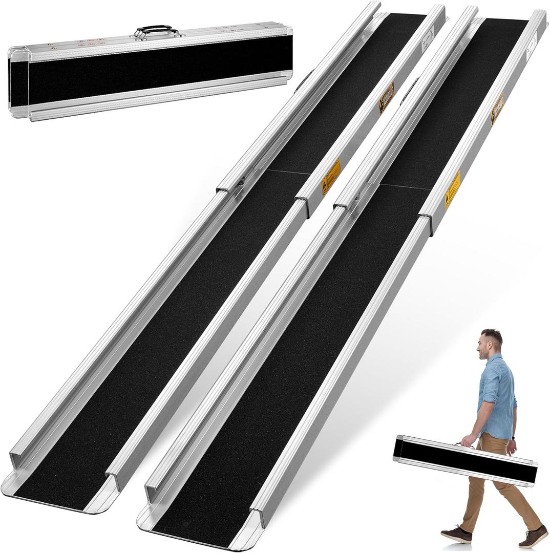 7FT Adjustable Portable Wheelchair Ramp 2.0, 1200 LBS Capacity Ramps for Wheelchairs for Home, 2PC Aluminum Non-Skid Handicap Ramp for Home Steps, Stairs, Doorways & Vehicles