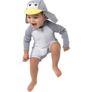 Cuddle Club UPF 50+ Long-Sleeve Baby Swimsuit, Sun Protection Sunsuit for Newborn, Infant, Toddler - Boys and Girls (12-18 Months, Penguin)