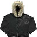 RICHTRUE Therian Fur Hood Jacket Y2k Goth Zip Up Hoodie Oversized Graphic Sweatshirt Emo Grunge Streetwear Fall Winter 2025 (Goth Black, M)