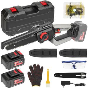 8 Inch Mini Chainsaw Cordless, 1150W 5000RPM Brushless Handheld Electric Chain Saw with Chain Guide Plate 2x3.0A Batteries and Other 6 Accessories, for Tree Branch Wood Cutting, Garden Tools Gift