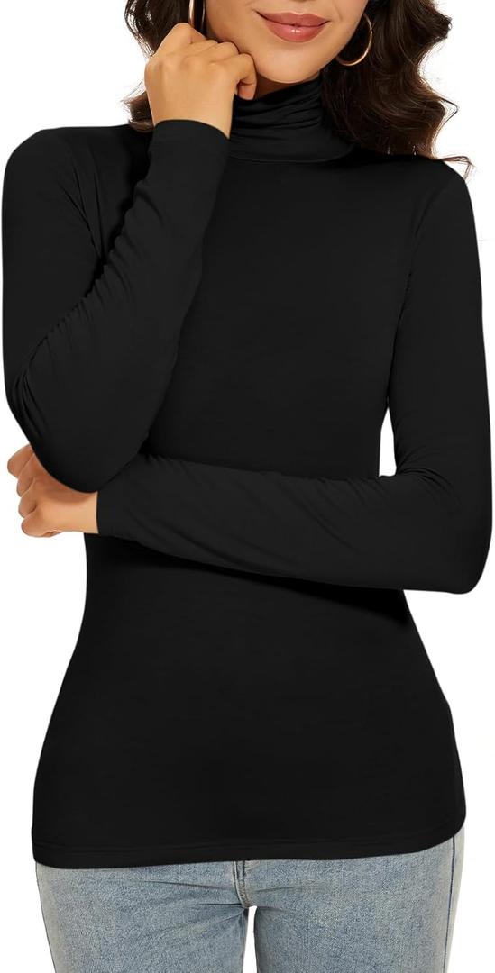 Women's Turtleneck Long Sleeve Thermal Tops Slim Fitted Lightweight Thin Basics Layer Tshirt (XS-2XL) (Black, S)