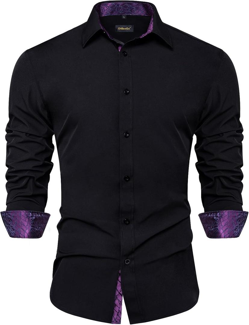 DiBanGu Mens Dress Shirts Solid Long Sleeve Button Down Shirts Regular Fit Inner Contrast Formal Shirts Wedding Business (Small, Purple Novelty)