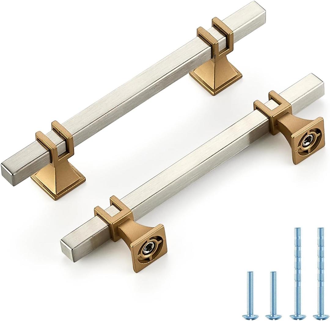 HOME EDIT 5 Pack 4 inch Brushed Nickel&Gold Cabinet Handles Square Zinc-Alloy Pulls for Kitchen Dresser Closet and Bathroom Cabinets Hardware