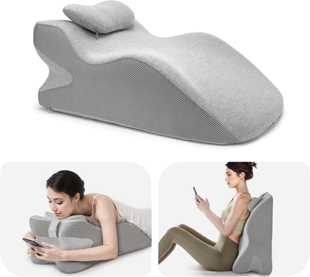 Daneey Reading Pillow for Bed Adult, Back Pillow for Bed Sitting Up, Back Support Pillow with Adjustable HeadrestMemory Foam Pillows for Abdomen, Lumbar, Back, Gray, 14.6 * 10 * 24IN