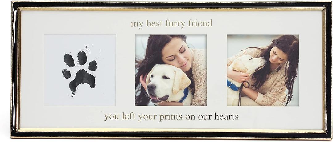 MIMOSA MOMENTS Pet Pawprint Brass-tone Plating Metal Photo Frame with Black Enamel and Clean-Touch Ink Pad included, Pet Keepsake and Decor Display (Triple Openings, Brass & Black)