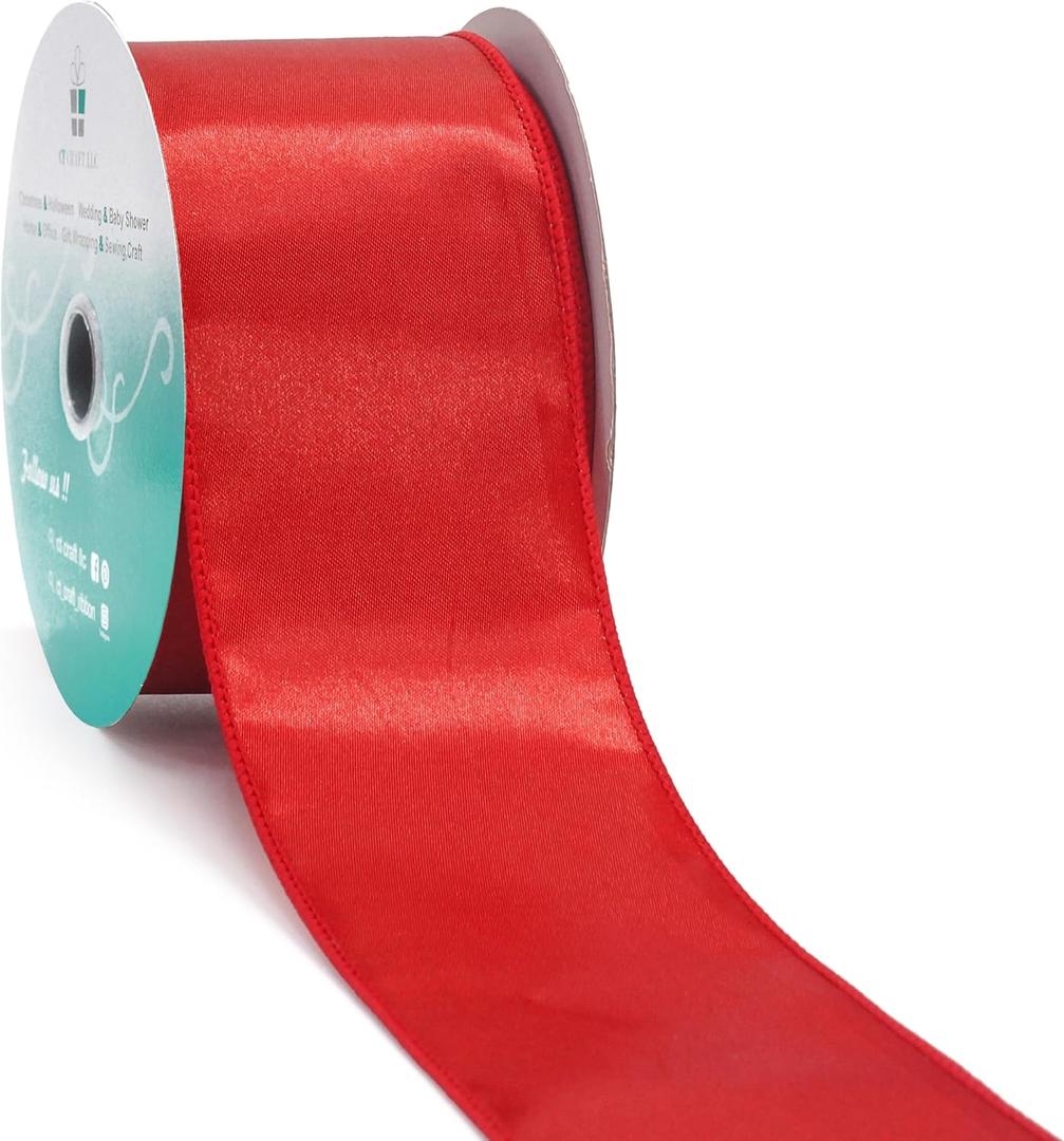 CT CRAFT LLC Satin Wired Ribbon 2.5 Inch x 20 Yards Red for Christmas Home Dcor Gift Wrapping Tree Topper Bow Wreath DIY Crafts,