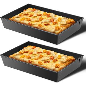 2 Pcs Detroit Style Pizza Pan 10 x 14 x 2.36 Inch Non Stick Rectangle Deep Pizza Pans Pre Seasoned Carbon Steel Sicilian Style Pan Dish Bakeware Kitchenware (Black)