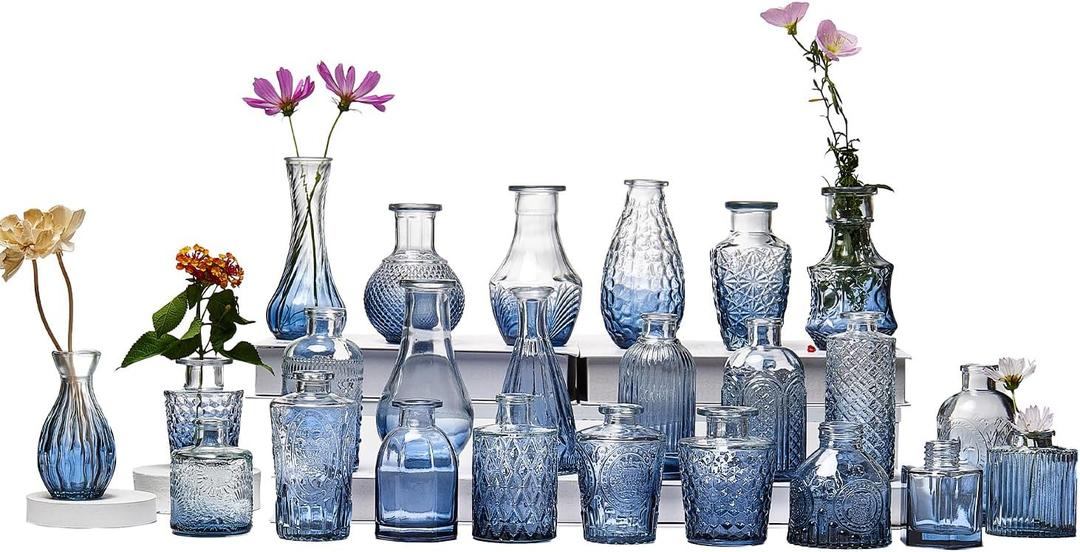 Glass Bud Vase Set of 24, Small Flower Vases, Glass Vases for Centerpieces, Vintage Home Table Decorations Bud Vases (24 Pcs, Blue)