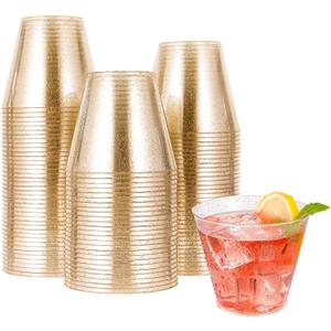 JOLLY CHEF 100 Pack 9 oz Gold Plastic Cups, Disposable Gold Glitter Plastic Cups Perfect for Wedding Thanksgiving, Christmas Party Cups