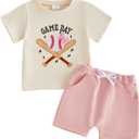 Toddler Baby Girl Game Day Outfit Summer Clothes Ball Theme Embroidery Short Sleeve T-Shirt Shorts 2Pcs Set (Pink)