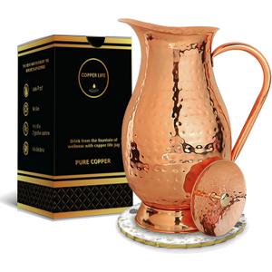 Pure Copper Water Pitcher 70 Ounces | Handmade Hammered Large Jug with Lid | Unlined Uncoated Chemical Free for Ayurveda Health Benefits | Decorative & Functional – Vintage Style for Home & Gifting
