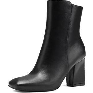 mysoft Women's Ankle Boots Square Toe Side Zipper GoGo Boots Chunky Block Heel Mid Calf Low Heeled Short Booties (9.5, Black Pu)