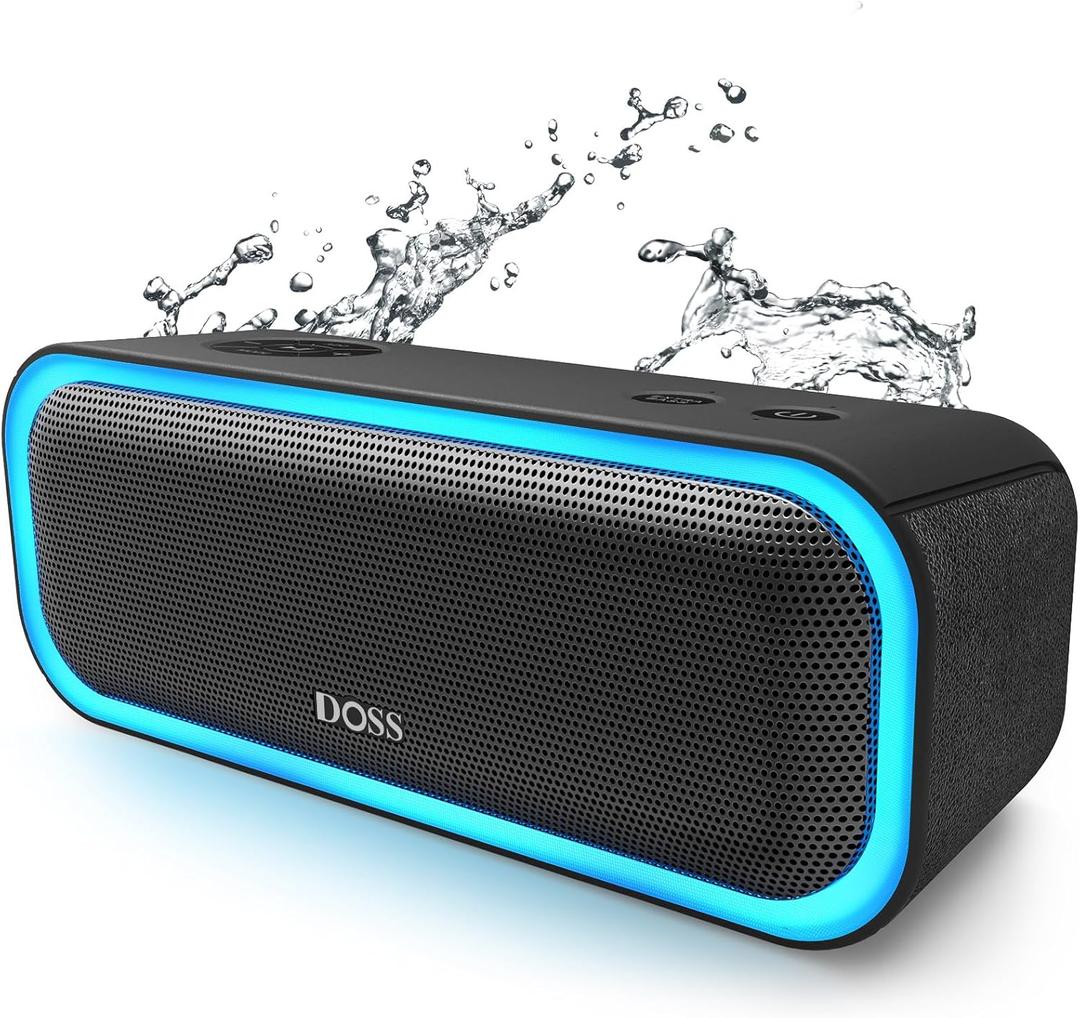 DOSS SoundBox Pro Bluetooth Speaker, 20W Stereo Sound, Active Extra Bass, 20H Playtime, Multi-Colors Lights, TWS Pairing, IPX6 Waterproof for Garden, Hiking, Camping, Outdoor, Party-Black