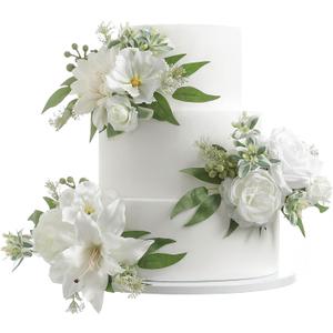 Serra Flora 3Pcs Pre-made Silk Flowers Cake Topper Wedding Artificial Flowers Decor Artificial Rose Cake Decorations for Birthday Baby Shower Engagement Anniversary Party Supplies. (White)