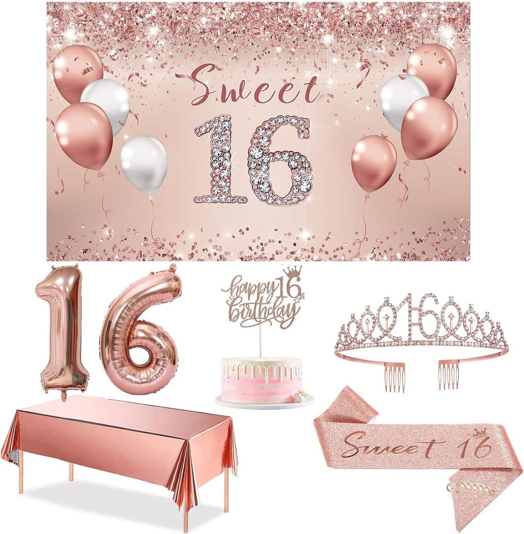 Trgowaul Sweet 16th Birthday Decorations Party Set for Girls, Rose Gold 16 Birthday Banner and Tablecloth, Sweet 16 Sash and Tiara, 1PC Happy 16th Birthday Cake Topper, Pink Gold 16 Number Balloons