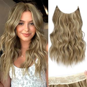 KooKaStyle Invisible Wire Hair Extensions with Transparent Headband Adjustable Size 4 Secure Clips Long Wavy Secret Wire Hairpiece for Women(16 Inch Light Brown mix Golden Blonde)