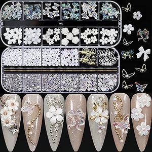 NAFIGO 3D Acrylic Butterfly Flowers Bear Nail Charms Art 3D, AB Crystal Rhinestones Multi Shapes Pearl Gold Metal Art, Decal Jewelry Accessories DIY Crafting, 2 Piece Set