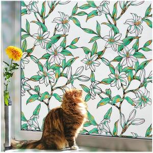 Coavas Decorative Window Privacy Film, Heat Control Sun Blocking Stained Glass Window Film, Floral Design Static Cling, Non Adhesive Windows Tint for Bathroom Front Door(35.4 x 118.1 Inch)